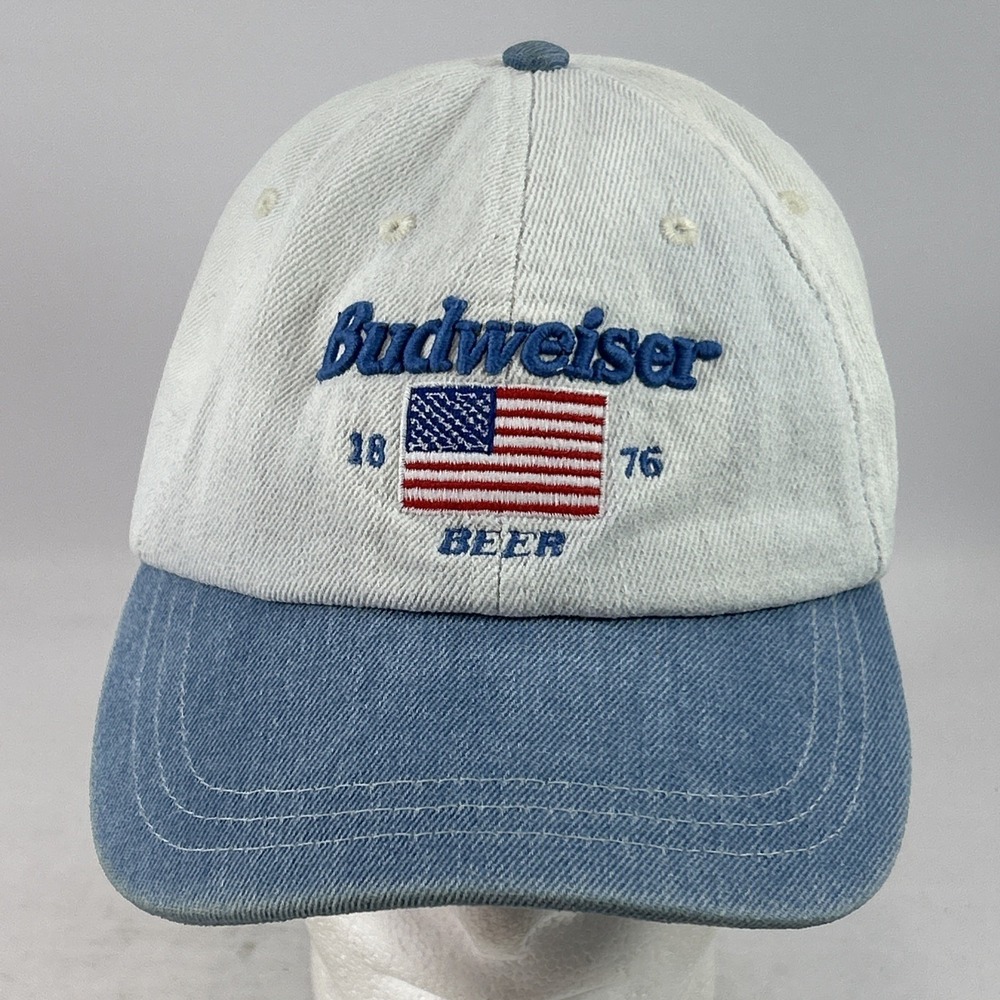 Vintage Budweiser Beer Hat Cap Strap Back Flag Spell Out Embroidered 1876